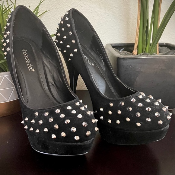 Shoedazzle Black Velvet and Silver Spiked Stilettos - Picture 5 of 10